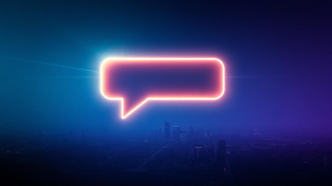 Glowing chat bubble hovering above a darkened city skyline at night