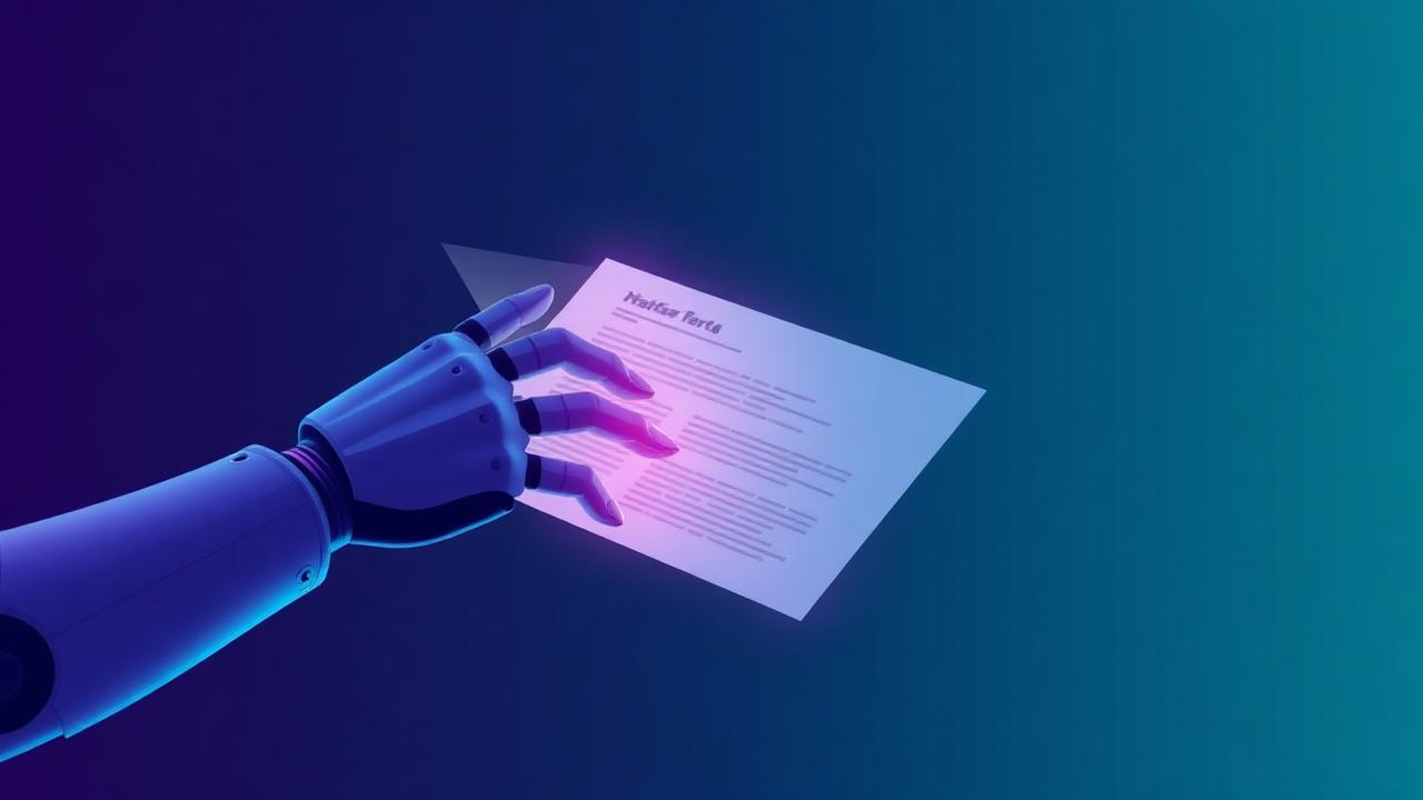 Robotic hand holding a glowing document against a dark gradient background