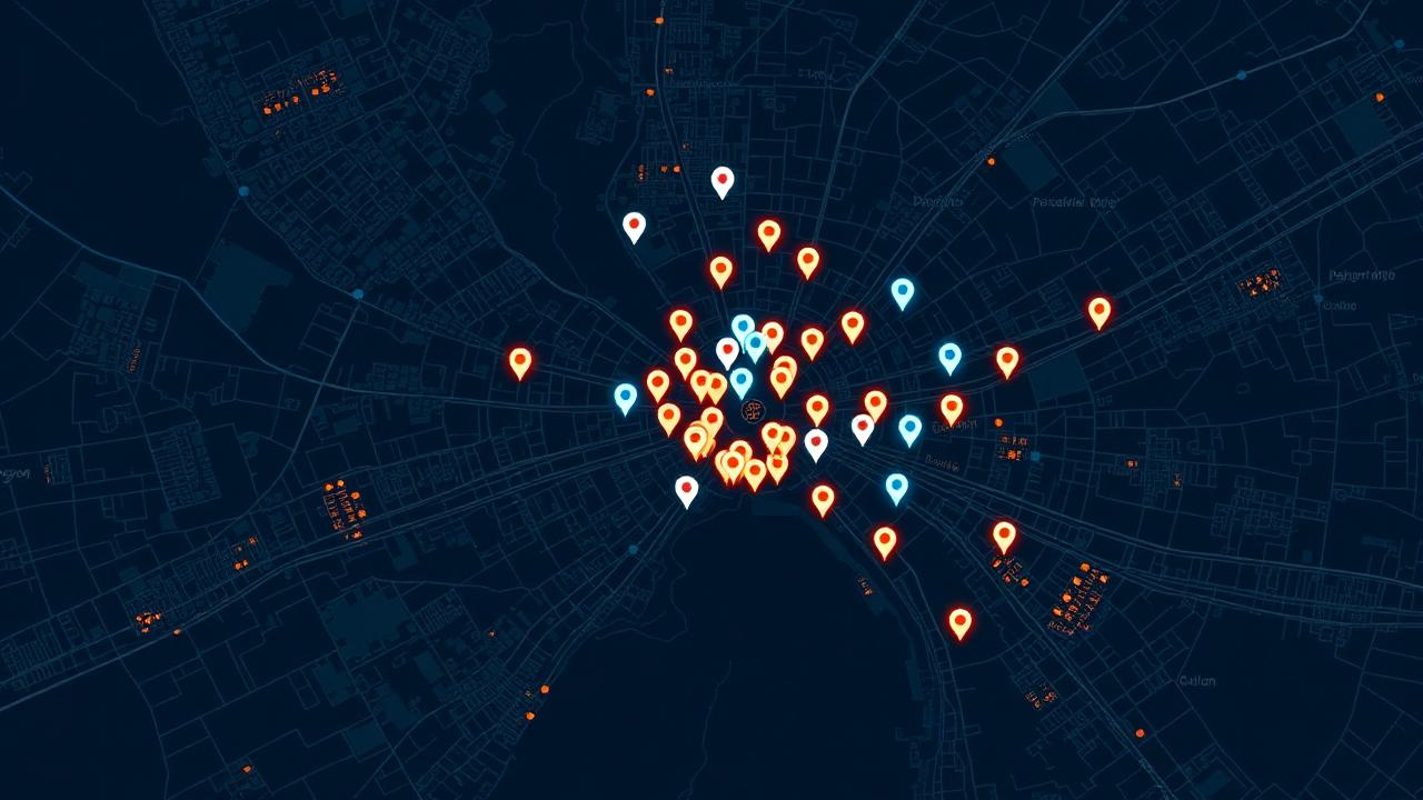 Aerial map of Melbourne with glowing location pins clustered around the CBD